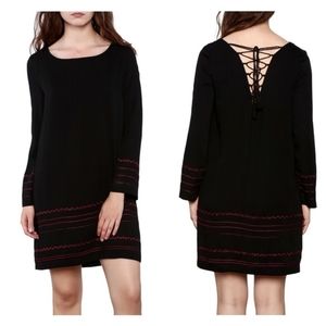 BB Dakota Black Twill Tie Back Embroidered Dress